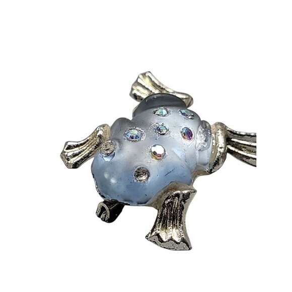 Jelly Belly Frog Pin Blue Translucent Aurora Borealis Rhinestone Silver Tone - Picture 1 of 7